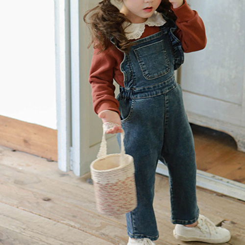2024 Spring Strawberry Shan Korean Children's Clothing Children's Girls Lotus Shoulder Denim Jumpsuit