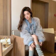2025牛仔拼接毛毛短外套仿皮草加棉加厚小个子女冬季高腰时尚短款