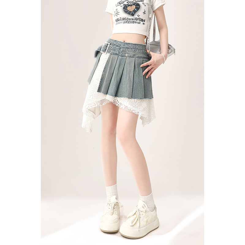 American Style Punk Irregular Lace Stitching Pleated Skirt Half Skirt Women's Summer New Hot Girl A- line Dress Fashion