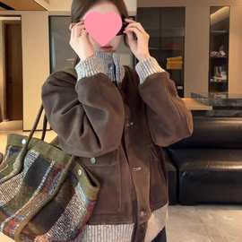 美式复古棕色拼接外套女秋季新款设计感小众百搭夹克上衣