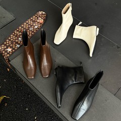小个子高跟棕色靴子女后拉链洋气及踝靴显高法式气质方头粗跟短靴