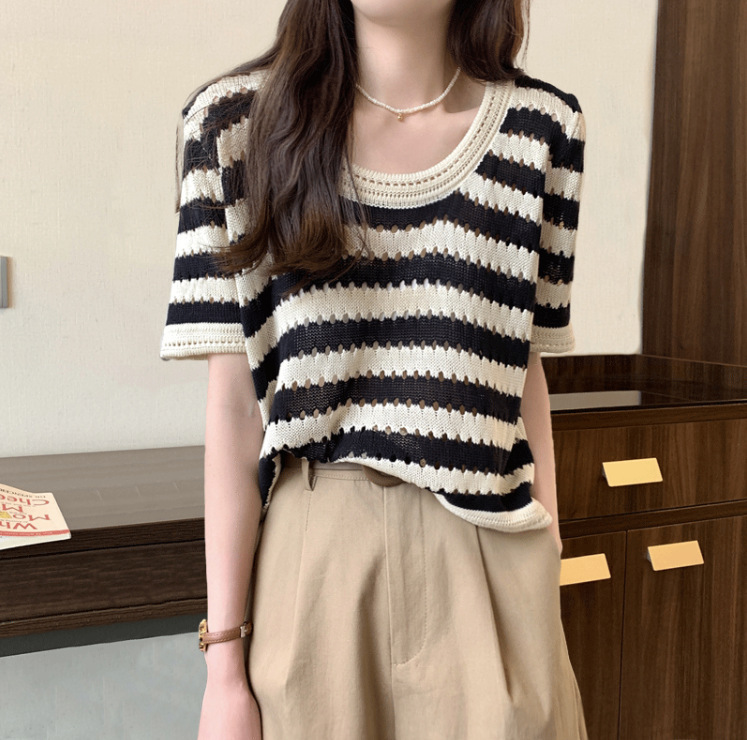 Thin Hollow Loose Striped T-Shirt for Women, New Summer Design with Collarbone Knit, Short Versatile Top Thin Hollow Loose Striped T-Shirt for Women, New Summer Design with Collarbone Knit, Short Versatile Top