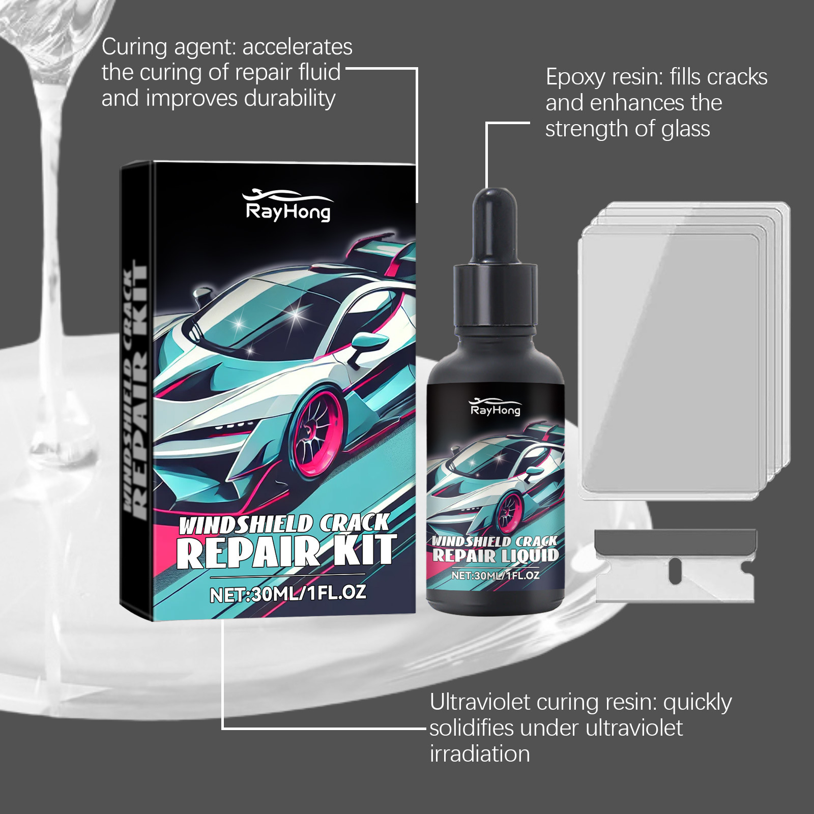 Rayhong Car Windshield Repair Liquid Set for Cracks in Front Windshield