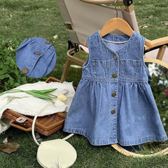 Girls 2024 Spring and Summer New Style Girls Princess Dress Pleated Skirt Baby Sleeveless Vest Denim Skirt