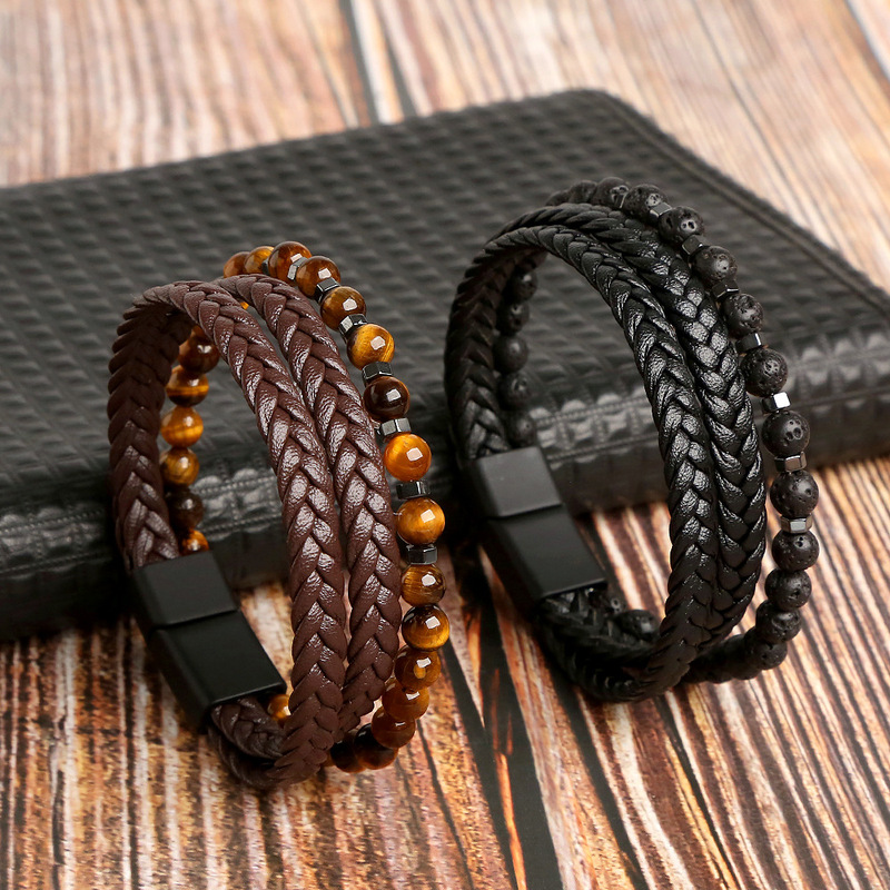 Cross-Border Men's Handmade Leather Multi-Layer Braided Tiger Eye Brown Natural Stone Men's Bracelet Beaded Bracelet Jewelry