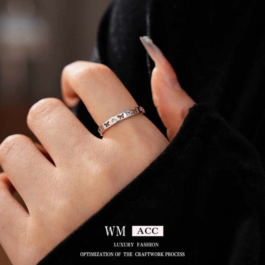 zircon hollow bowknot open ring personalized cold style niche index finger ring versatile high sense fashion ornament