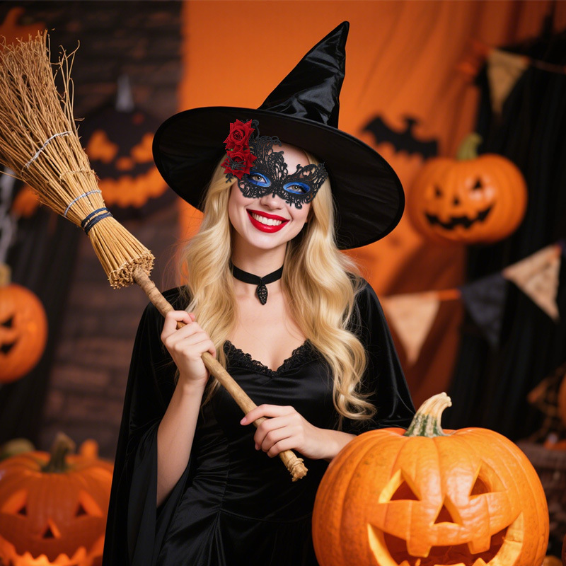 Nuevo estilo transfronterizo Halloween máscara de encaje de alta gama dos rosas decoración máscara de media cara accesorios de fiesta de disfraces