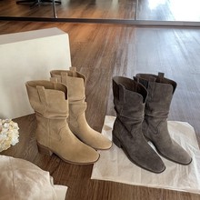 牛皮版~葡萄妈秋冬新款长筒骑士靴女外穿V口粗跟显瘦堆堆靴显腿长