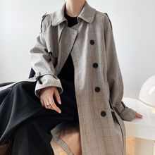 鹿西 千鸟格中长款风衣外套女过膝秋冬欧美廓形流行双排扣大衣150