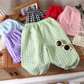 儿童夏季防蚊裤宝宝休闲格子灯笼裤男女童宽松束脚九分裤韩版休闲