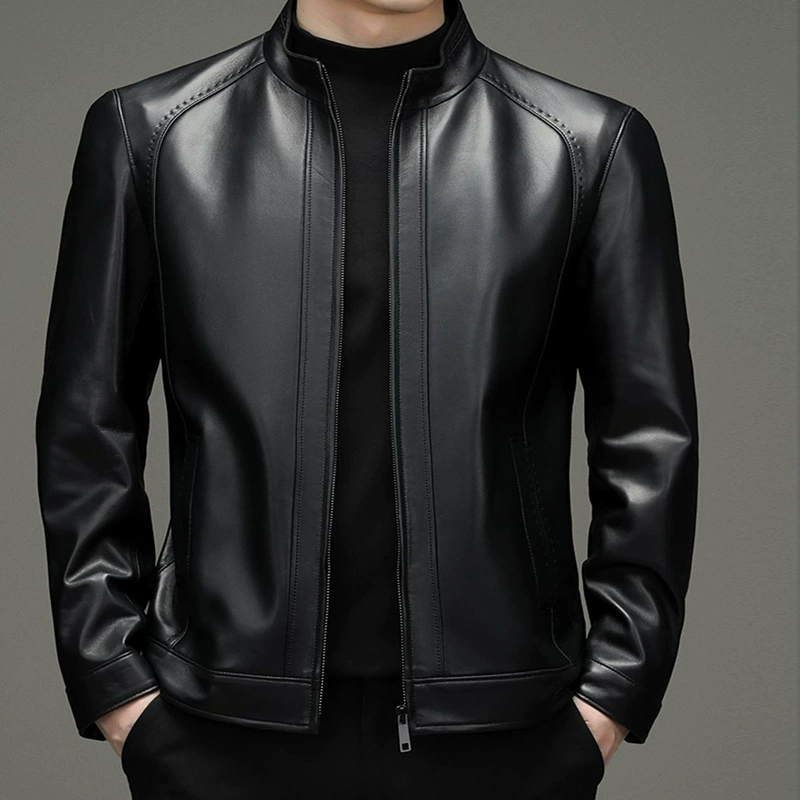 Demi-season short jacket, genuine leather