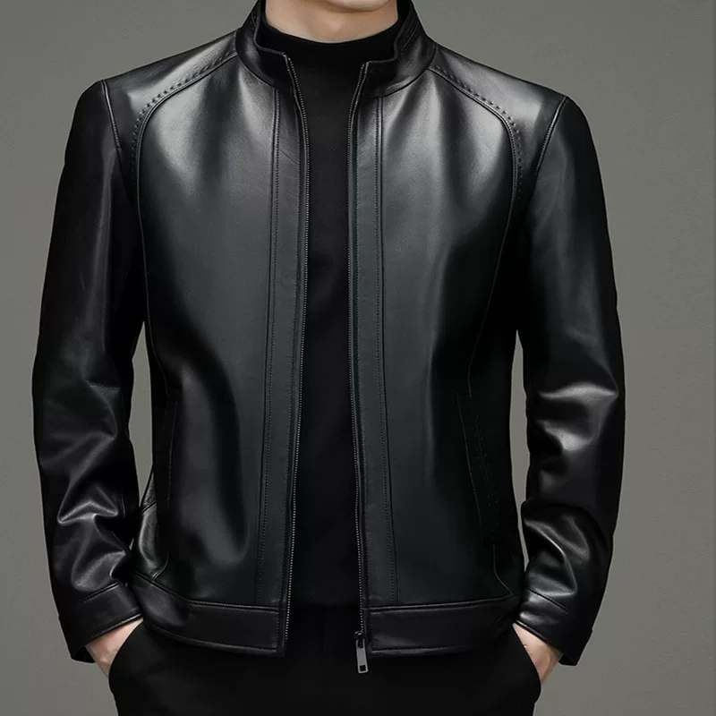 Demi-season short jacket, genuine leather