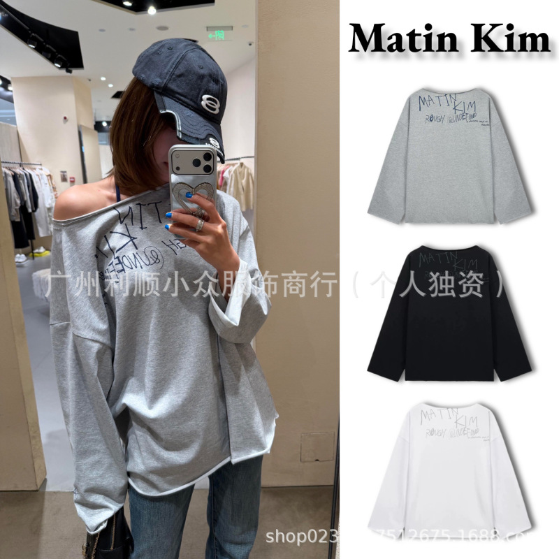 [in Stock] Korean Matin Kim Slanted Off-Shoulder Long-Sleeved T-Shirt for Women, New Spring & Fall Style Loose Letter Graffiti Top