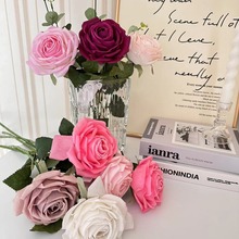 高档手感保湿玫瑰花仿真花束假花大朵单枝客厅餐桌花花艺摆件装饰