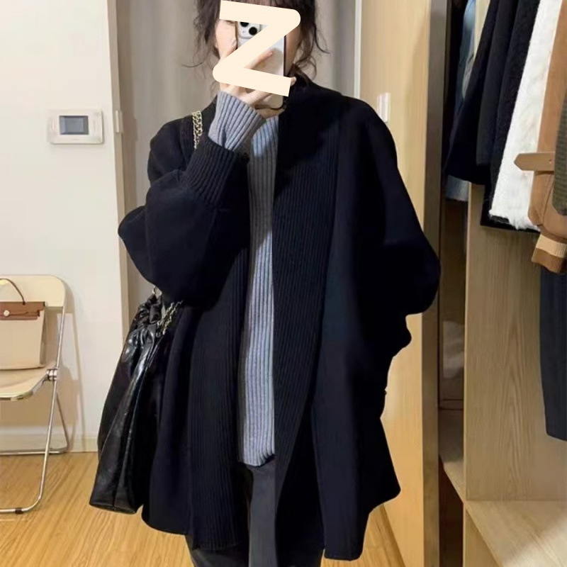 复古法式黑色毛衣外套开衫女秋冬季新款宽松慵懒风中长款针织上衣|undefined