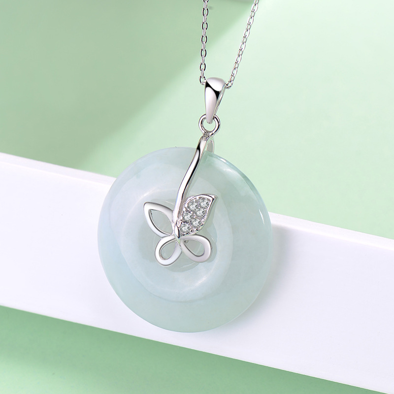 925银镶蝴蝶玉平安扣吊坠天翠项链A货玉坠带证书翡翠玉器情人礼物