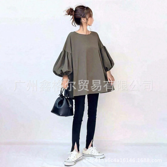 Three Color Quality 2025 Spring Summer Hot Sale New Round Neck Back Lace-up Lantern Sleeve Shirt Top