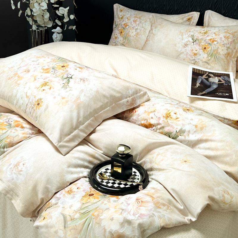 Funda de edredón de algodón, sábanas, ropa de cama, juego de cuatro piezas para textiles para el hogar, juego de cuatro piezas de lujo ligero cepillado de cuatro estaciones