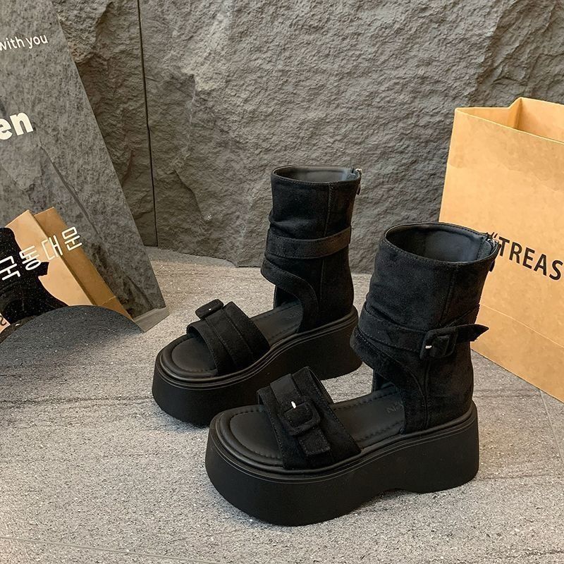 Retro botas romanas de fondo grueso para mujeres otoño y verano 2026 nueva moda versátil botas con cremallera trasera aumentando la altura de los zapatos romanos