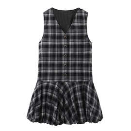 2025冬季新款女装休闲气质袖花苞短裙格纹背心连衣裙L0071030011