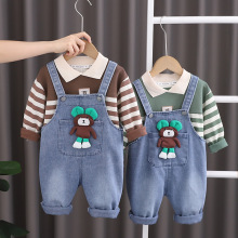 男童条纹长袖翻领打底衫童套装儿童卡通宝宝牛仔背带裤童装两件套