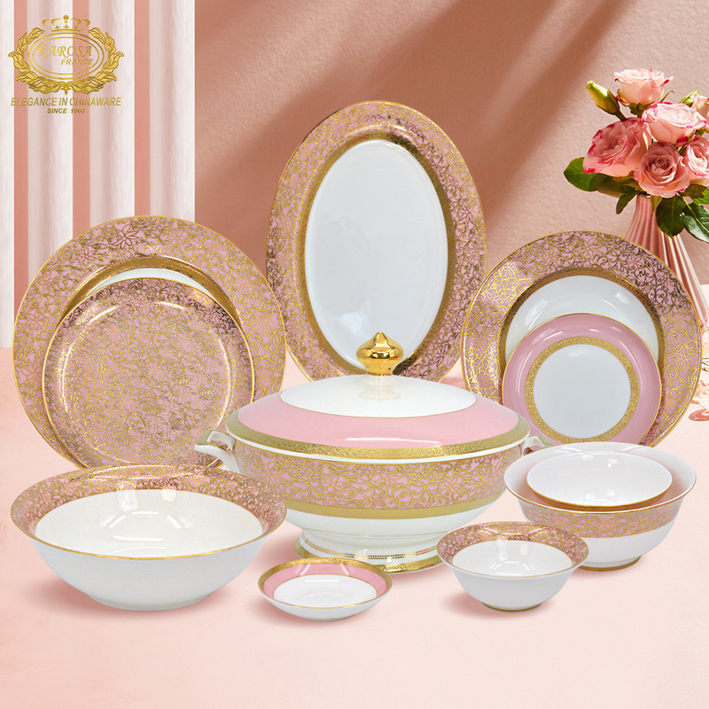 Karosa French Palace-Style Dinnerware Set Pink Embossed Gold Bone China Bowl and Plate Set for Home Use Luxury Housewarming Gift