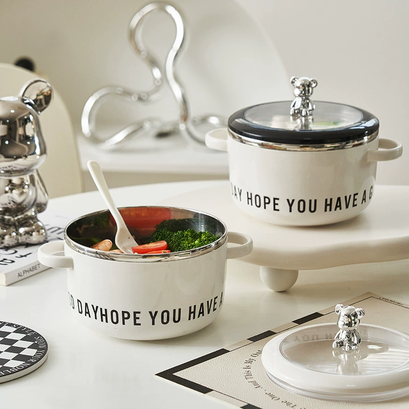 Простая миска лапши быстрого приготовления Ins ветер общежитие студентов с крышкой лапши быстрого приготовления из нержавеющей стали столовая рисовая миска супа быстрого приготовления