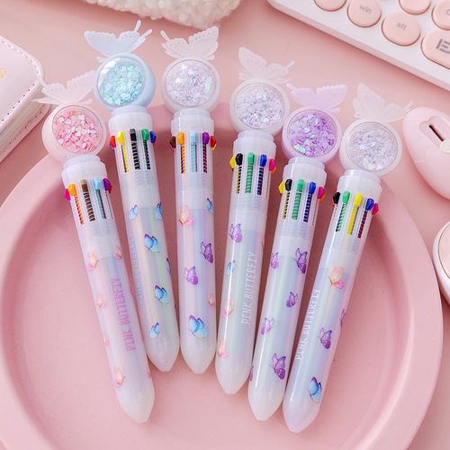 Cute girl ballpoint pen ten-color push-type multi-color in-one student-specific multi-functional handbook pen color oil pen