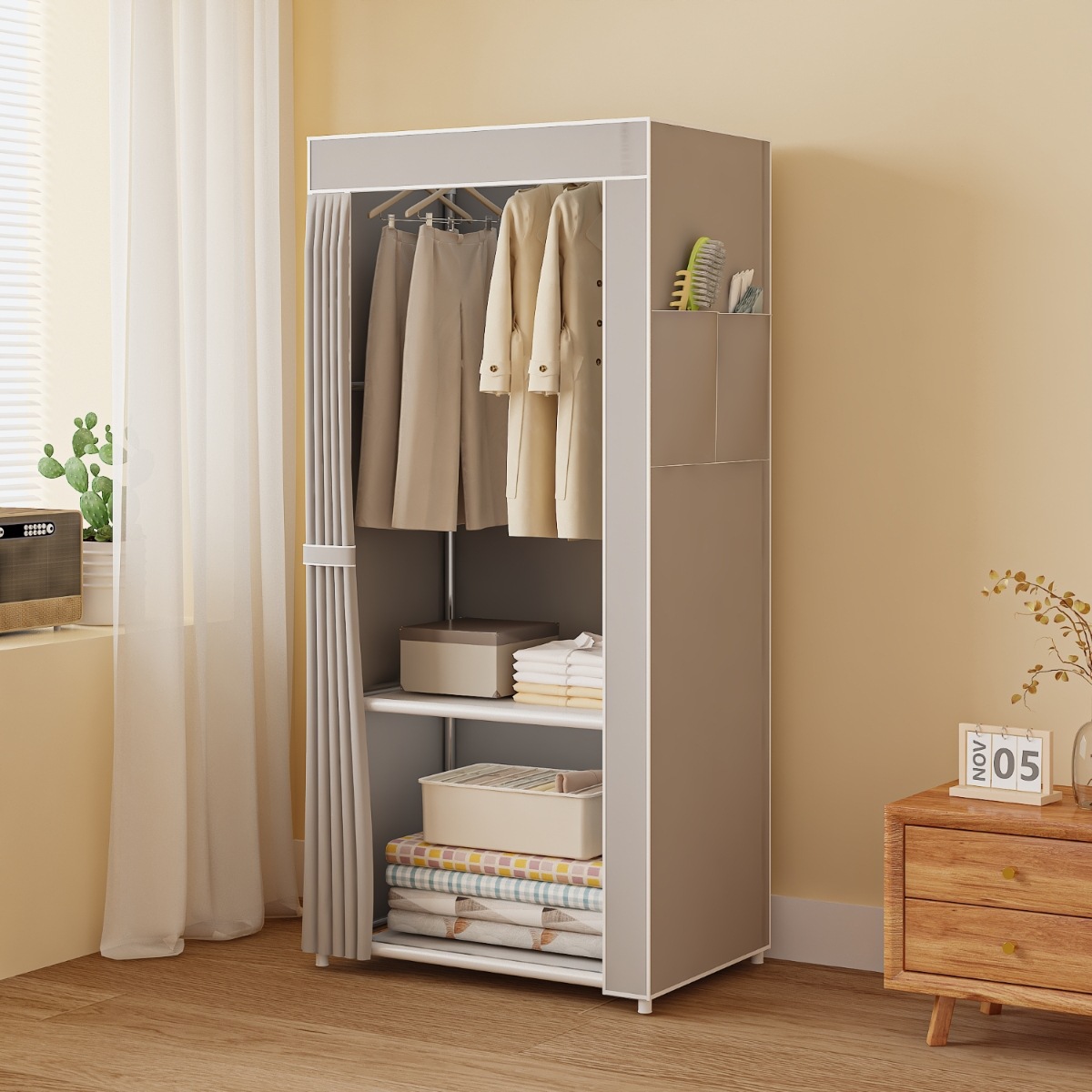 Wardrobe with Reinforced Steel Pipes, Thickened and Reinforced for Bedroom Assembly, Suitable for Home Use, Rental Rooms, Hanging Clothes Storage Rack Cabinet
