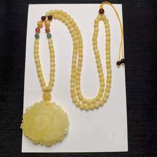 Natural Beeswax Russian Material Carved Peony Flower Pendant Chicken Oil Yellow Wax Rich and Full with Beeswax Chain Necklace
