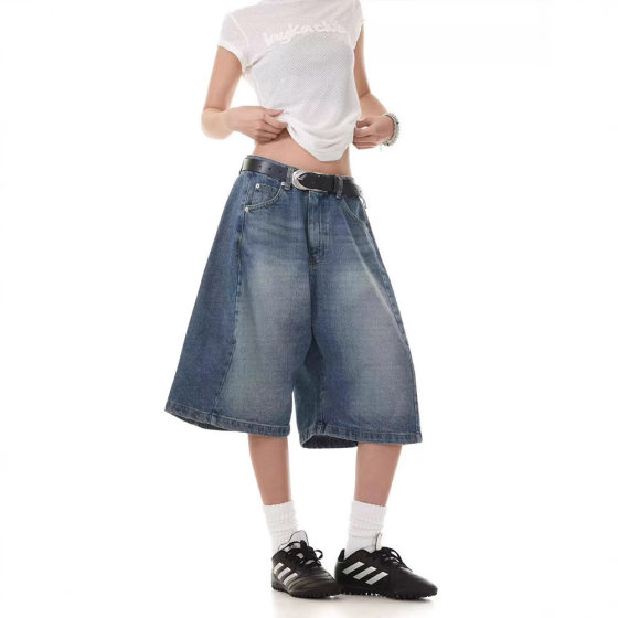 Jinjing Same Style Denim Mid-length Pants American Style Retro Wide-leg Daily Casual Pants Men's and Women's Summer Loose Straight Shorts