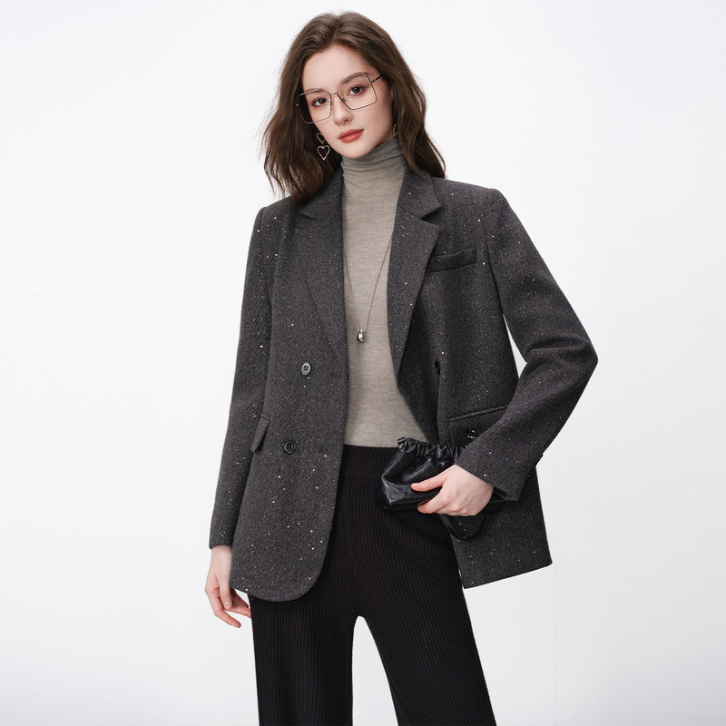 Elegant sequined blazer for women, 2026 autumn/winter new style, thick woolen suit, trendy minimalist wear, wasteland style Elegant sequined blazer for women, 2026 autumn/winter new style, thick woolen suit, trendy minimalist wear, wasteland style