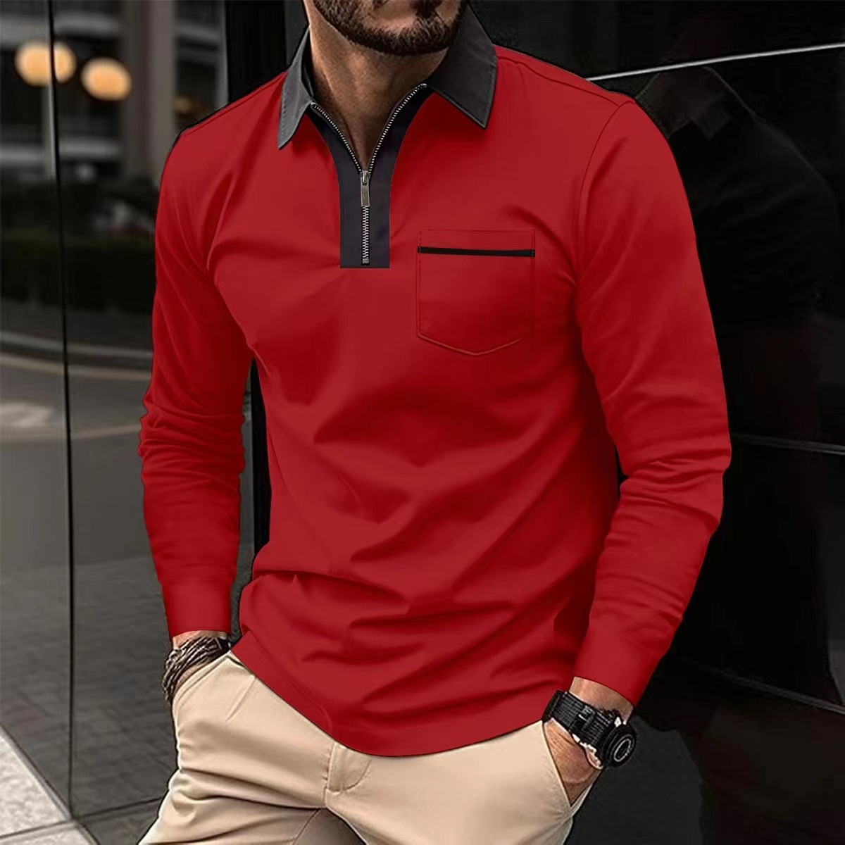 Men's Casual Solid New Long Sleeved Polo Shirt Autumn And Winter Lapel Zippered T-Shirt Top Golf Men's High-Quality Street Wear_voghion.com