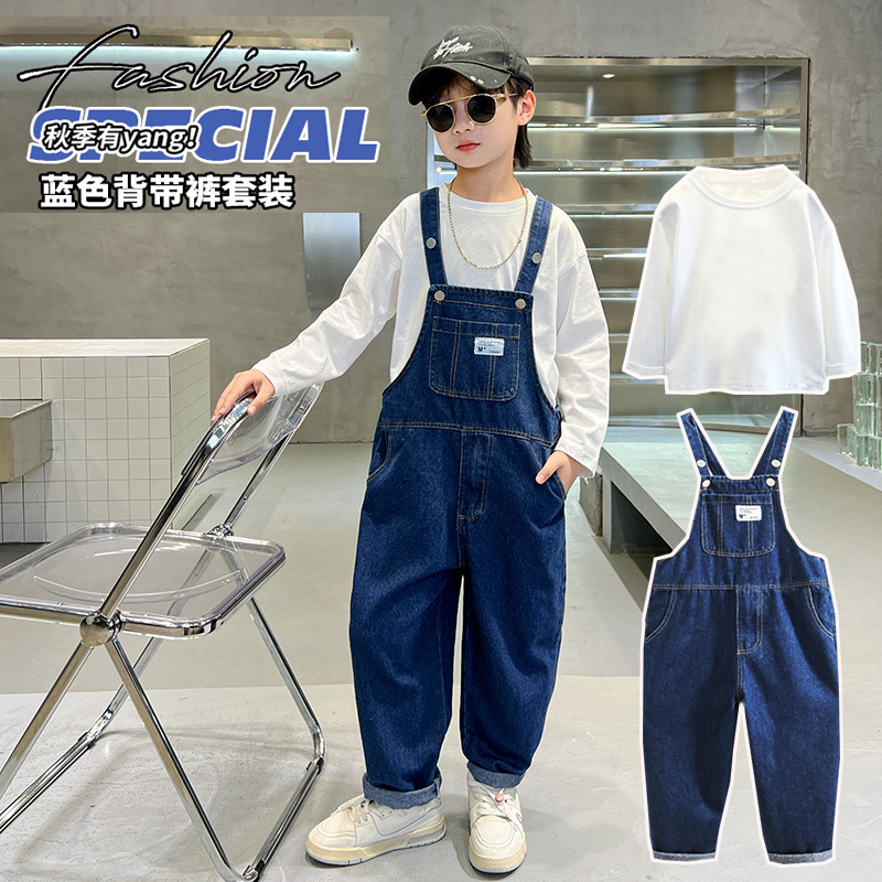 男童春秋牛仔背带裤套装2026儿童牛仔套装中大童贴标牛仔裤两件套