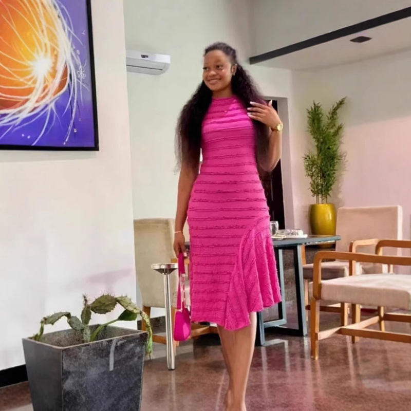 in stock 2025 summer new sweet fresh round neck short sleeve slimming dress fashion long