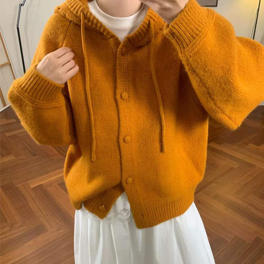 韩系加厚纯色连帽毛衣外套女复古秋冬新款显白百搭慵懒针织衫上衣