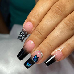 Black Gradient Long Ballet Nails with Mysterious Butterfly Outline, European and American Style, SF Express False Nails for Ladies