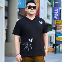 大码男装一件代发新款中国风印花v领t恤男薄款弹力短袖t恤胖子衫