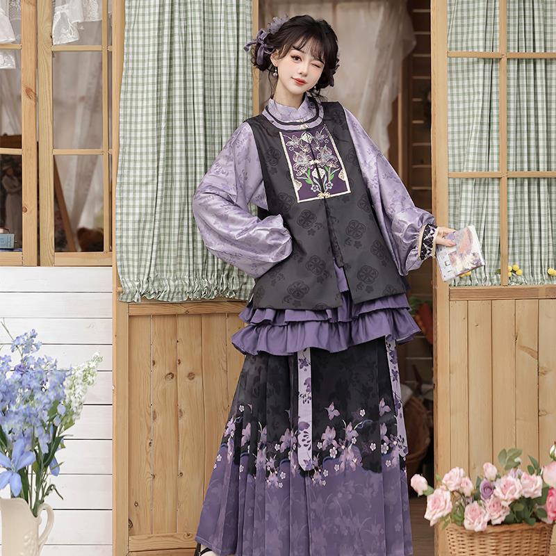 Original Han-Western Eclectic Ming Dynasty Style Hanfu Women's Vest with Stand-up Collar, Front Opening, Pipa Sleeves, and Horse-face Skirt - Everyday Spring and Autumn Set