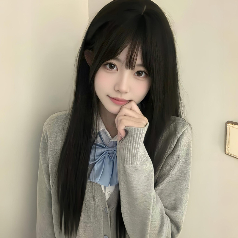 Wig for women, black, long, straight, realistic, natural-looking long hair, suitable for round or square faces, JK style, can be styled with bangs, lightweight, full head cover