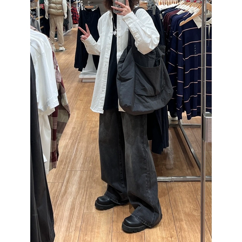 Черные брюки для миниатюрных женщин 2025, новый стиль для плюс-сайз, утягивающие фигуру груши, свободные широкие прямые джинсы.