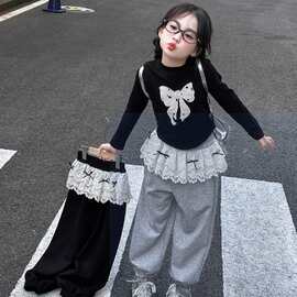 女童裤子2025新款春装女孩洋气蝴蝶结长袖上衣屁帘裤T恤卫裤套装