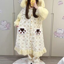 可爱布丁狗女生睡衣秋冬季保暖珊瑚绒连帽睡袍睡裤两件套家居服
