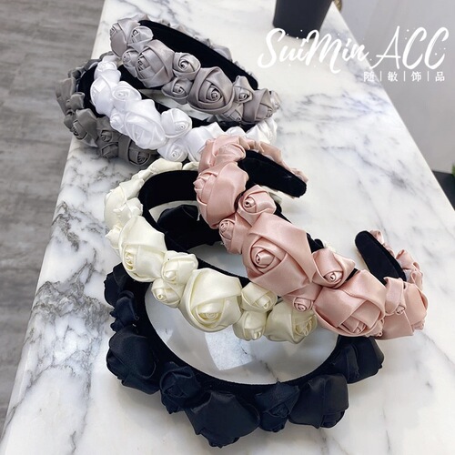 European and American cross-border new three-dimensional flower headband Korean version rose wide-brimmed headband hair hole hair bundle fairy hair accessories for women