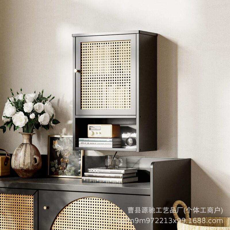Cross-Border Wooden Wall Storage Cabinet with Rattan Doors, Medicine Cabinet for Bathroom, Kitchen, Living Room, Storage, Bathroom Wall Cabinet