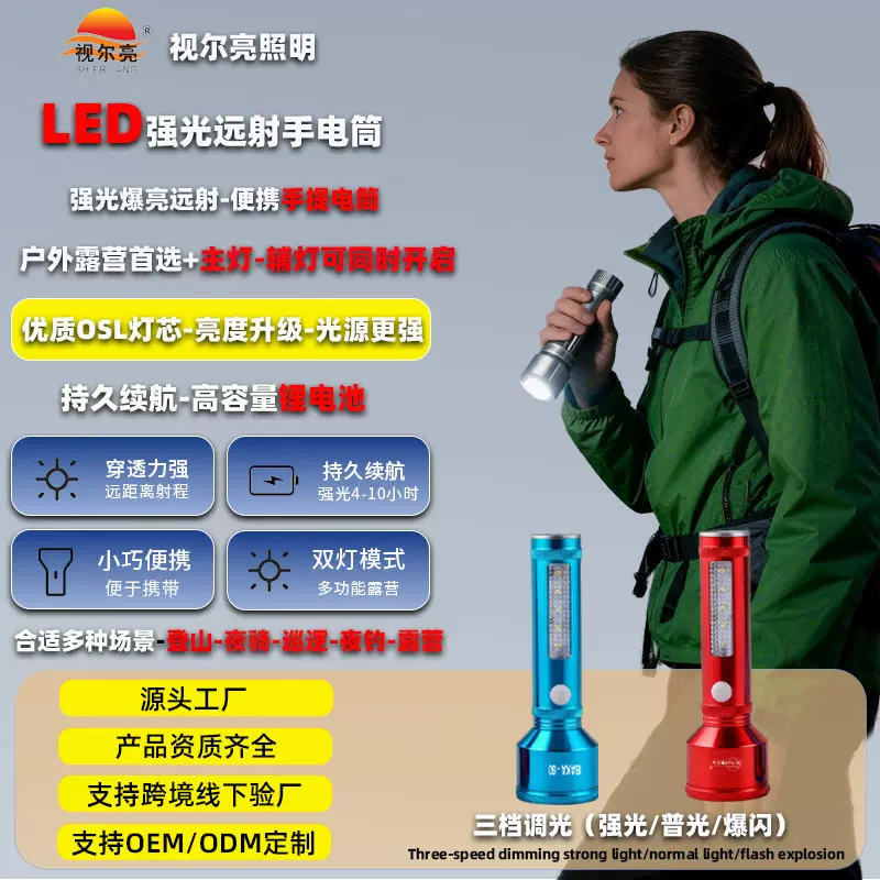 手电筒爆亮激光变焦户外应急强光锂电手电铝合金便携充电式手电筒