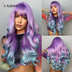 Cosplay Colored Fake Hair Bangs Long Wavy Hair Purple to Blue Gradient Mechanism Full Head Wig with Matte High Temperature Silk