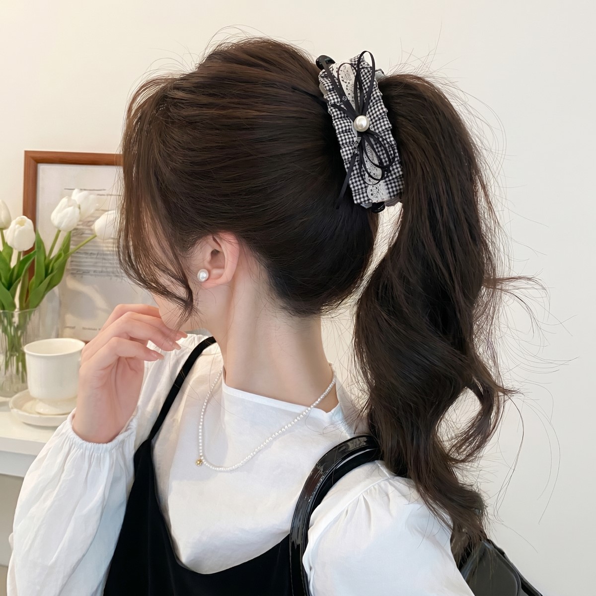 62# black and white gingham ribbon bow banana clip - 13cm