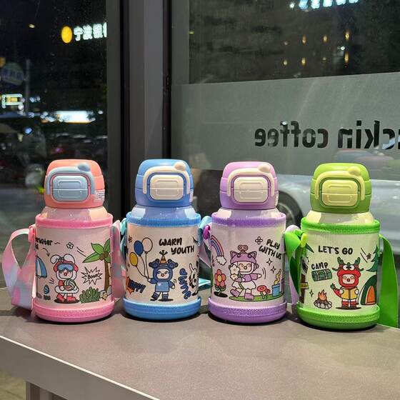 New 316 Stainless Steel Thermos Cup Large Capacity Cartoon Double Drinking Straw Student School Cute Portable Big Belly Cup
