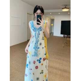 法式绝美气质收腰显瘦碎花长裙海边度假风印花无袖连衣裙女夏季装